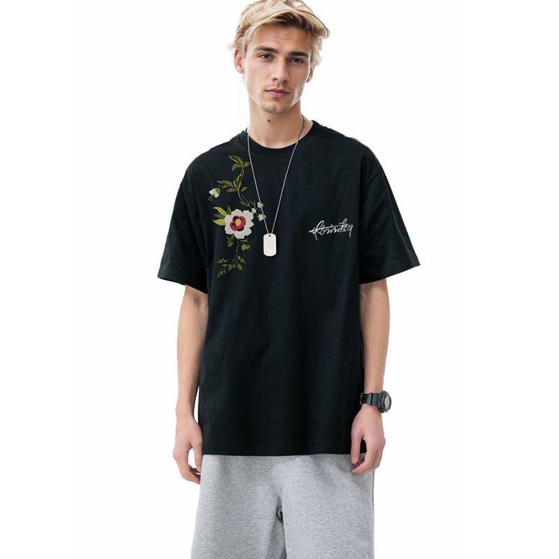 American Street Style Floral Wreath Embroidered Short Sleeve T-Shirt for Men and Women Summer Loose Heavyweight Loose Trendy Brand Half Sleeve