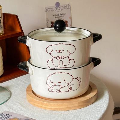 Ins Korean Cute Puppy Instant Noodle Bowl with Lid Ceramic Binaural Soup Bowl Household Snail Powder Bowl Salad Fruit Bowl