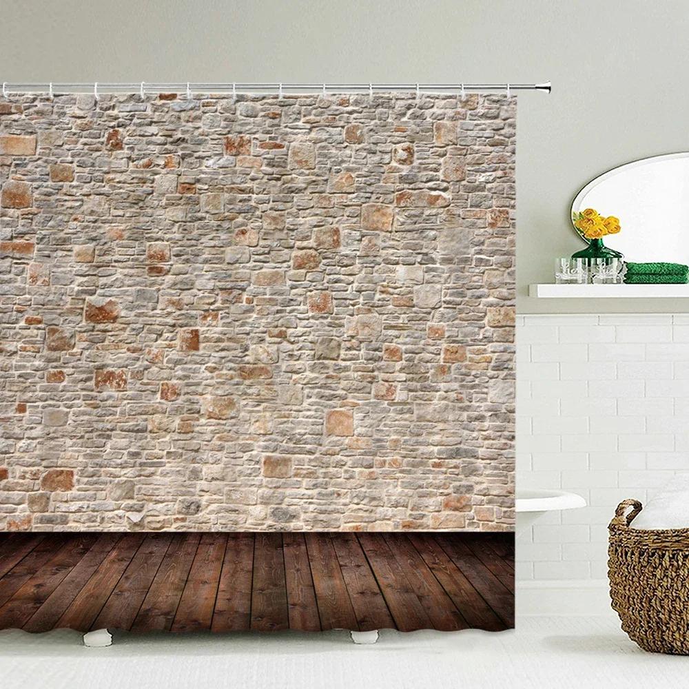 Retro Old Brick Wall Plant Printing Fabric Waterproof Shower Curtain Bathroom Curtains Bathtub Decor Bath Screen with 12 Hooks