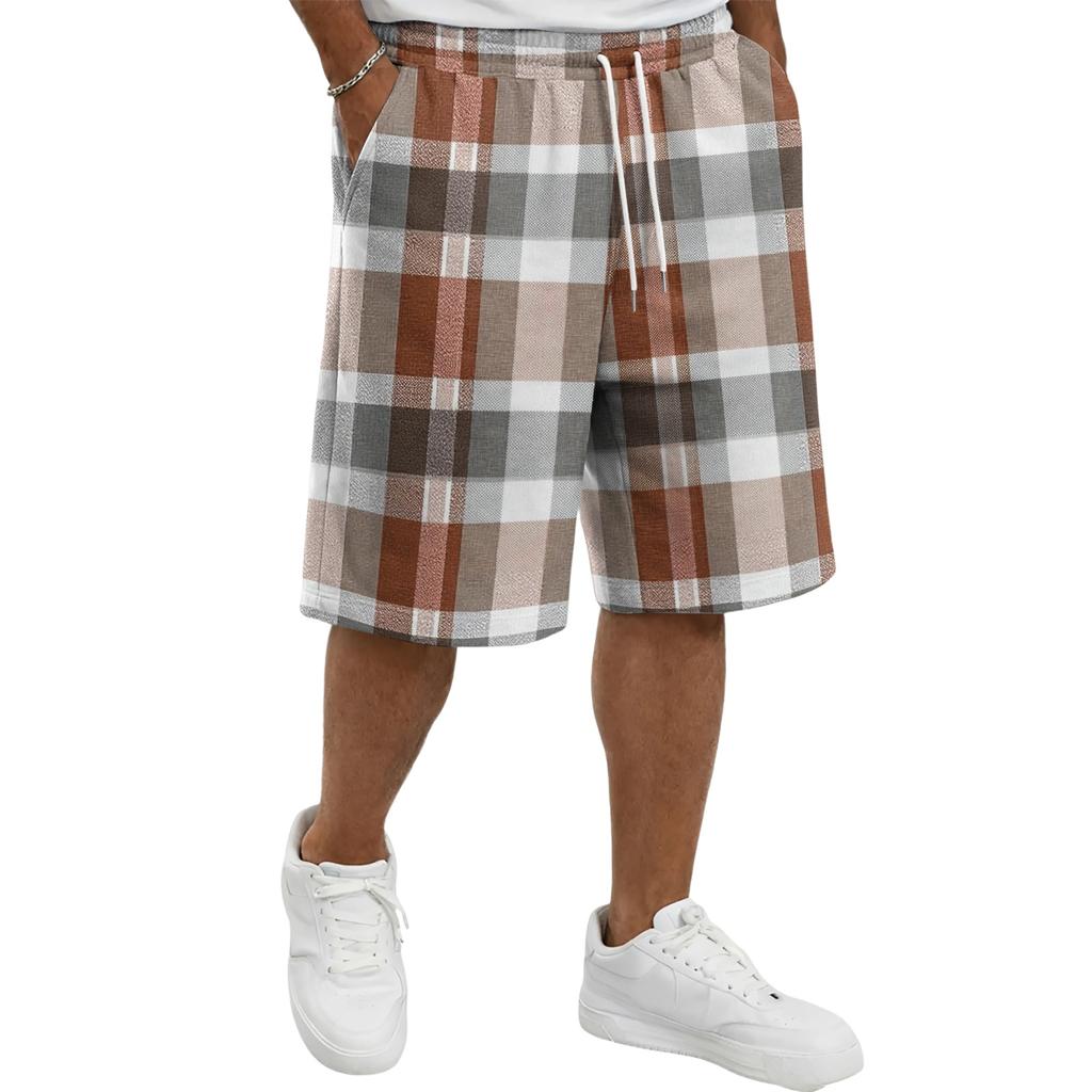 Mens Plaid Drawstring Waist Casual Shorts Relaxed Fit Knee Length Soft Fabric Lightweight Plaid Shorts for Daily Wear