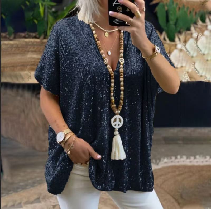 T-shirt Pullover Casual da Donna Estiva a Maniche Corte, Colore Unito, Vestibilità Larga, con Scollo a V e Paillettes