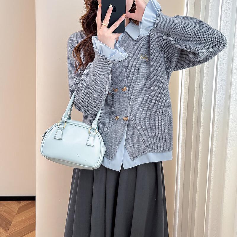 

TonLion Women s Faux Two-Piece Double-Breasted Cardigan Sweater L