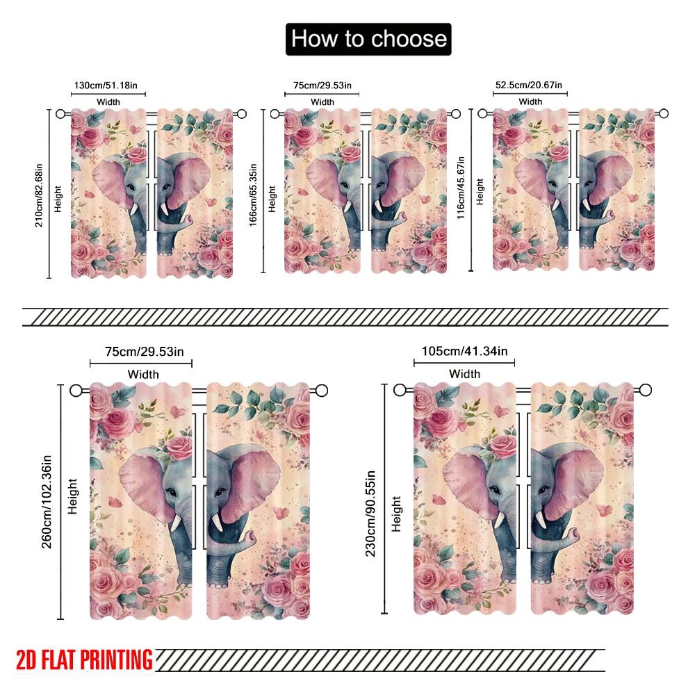 2pcs,2D plane printing Light Filtering Curtains Rosy Elephant Dream Versatile Polyester (without rod) Holiday Use for Various