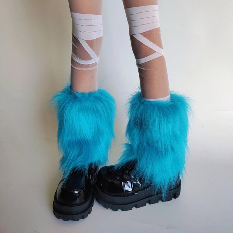 Women's Fuzzy Bright Blue Leg Warmers Soft Plush Winter Accessory for Costume Parties Furry Boot Toppers Footless Socks