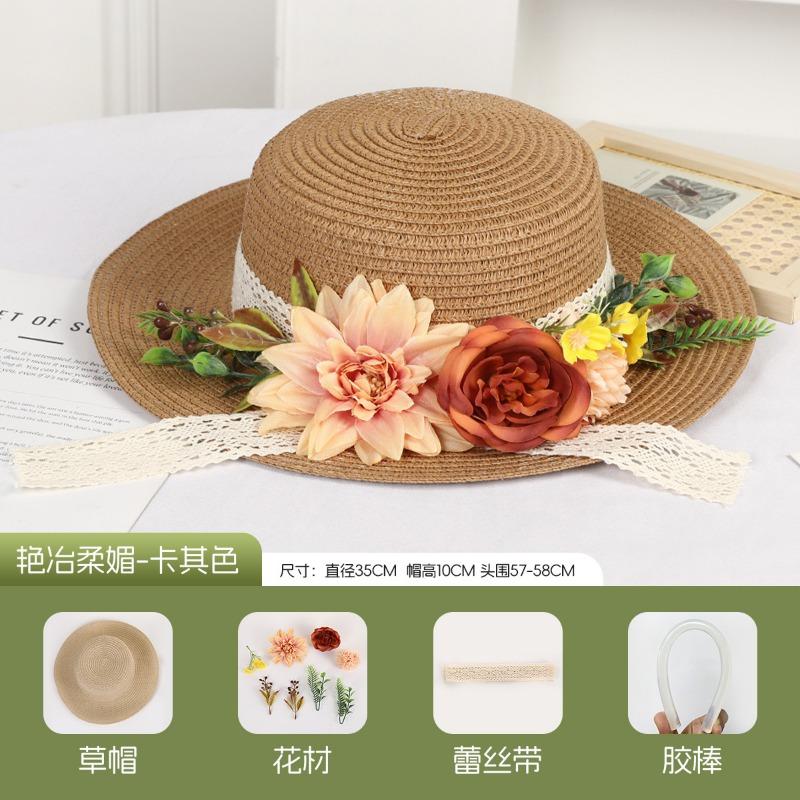 DIY Handmade Straw Hat Straw Shade Floral Fashion Shade Hat Leisure Activities Heavy Industry Flat Top Gift Hat