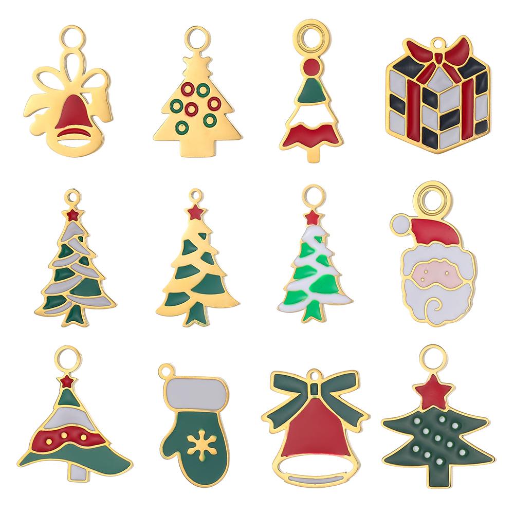 CARLIDANA Stainless Steel Santa Claus Oil Drop Enamel Christmas Tree Bell Gloves Winter Gift Box Present Man Charms Pendant