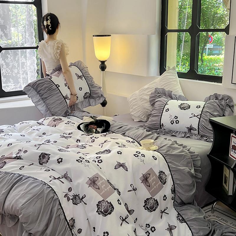 Vintage French Duvet Cover Set, Luxury Black Floral Bedding, Ruffle Design Pillowcases, Girl Woman Bedroom Decor Comforter Cover