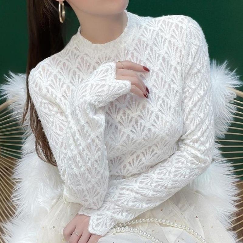 Damska jesienno-zimowa koszula z długim rękawem z ażurowym wzorem, sweter z bazą z szczotkowanej koronki, seksowna siateczkowa bluzka z szyfonu i koronki