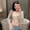 White Hollow-Out Lace Long-Sleeve Crop Top for Women, Summer Sheer Lace Belly-Showing Sun-Protective Shirt