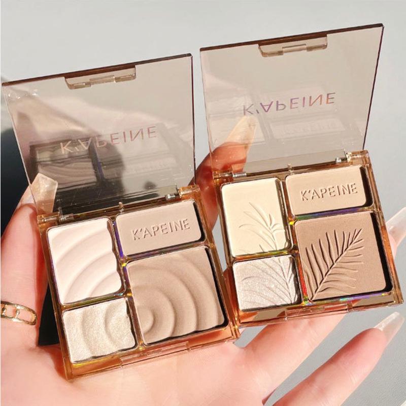 Four-Color Contour & Highlight Palette: Pearlescent Matte, Brightening Glitter, Natural 3D Finish.