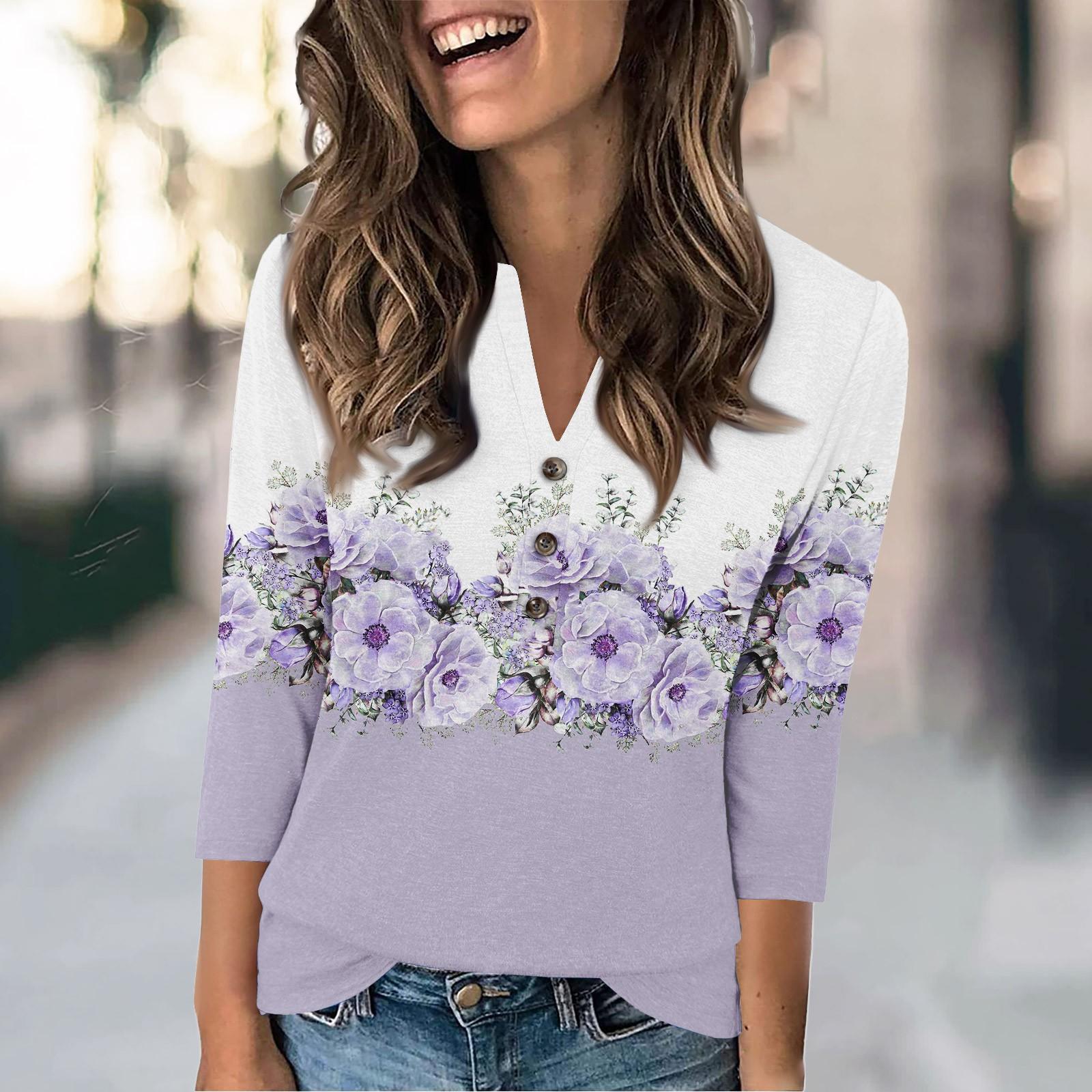 

Женская модная повседневная футболка с винтажным цветочным принтом и V-образным вырезом, рукавом 3/4, на пуговицах L