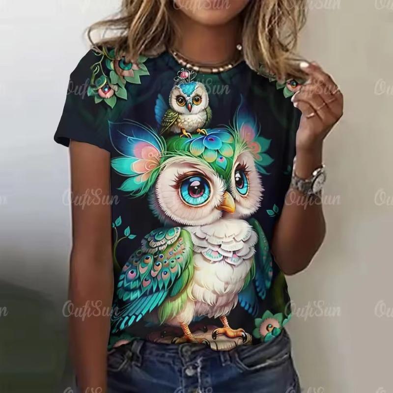 Summer O-Neck Short Sleeve Women's T-Shirt 3d Printed Owl Pattern T-Shirt Pullover Top Fashion Street Female Clothing