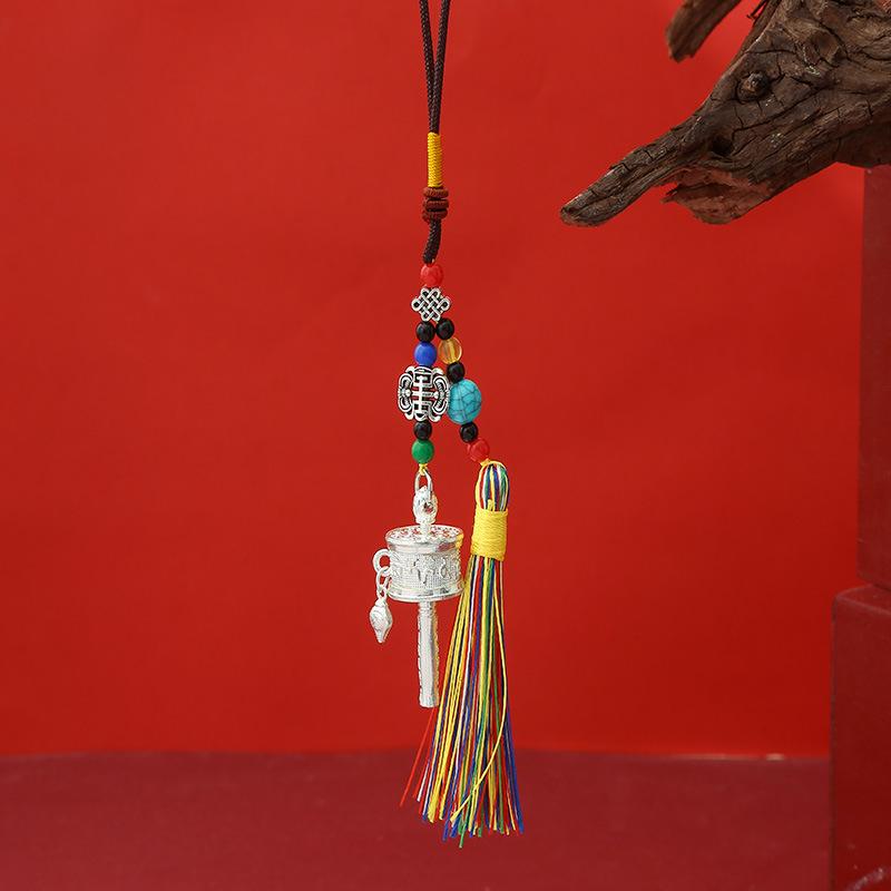Tibetan Six-Character Mantra Hand-Cranked Wheel Keychain Pendant with Tassel