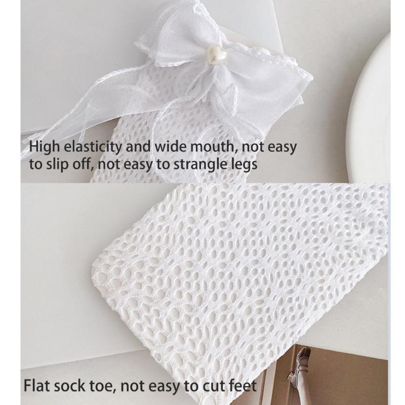 Japanese Style Fishnet Patterned Long Tube Socks for Women Girls Cute Pearl Bowknot Hollowed Out Mesh Over Calf Socks