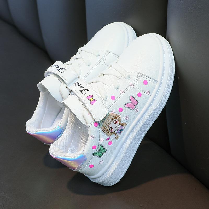 Children's Small White Shoes Girls Students Flat Casual Sports Shoes Leather Top Low Top Spring and Autumn Korean Version of Board Shoes