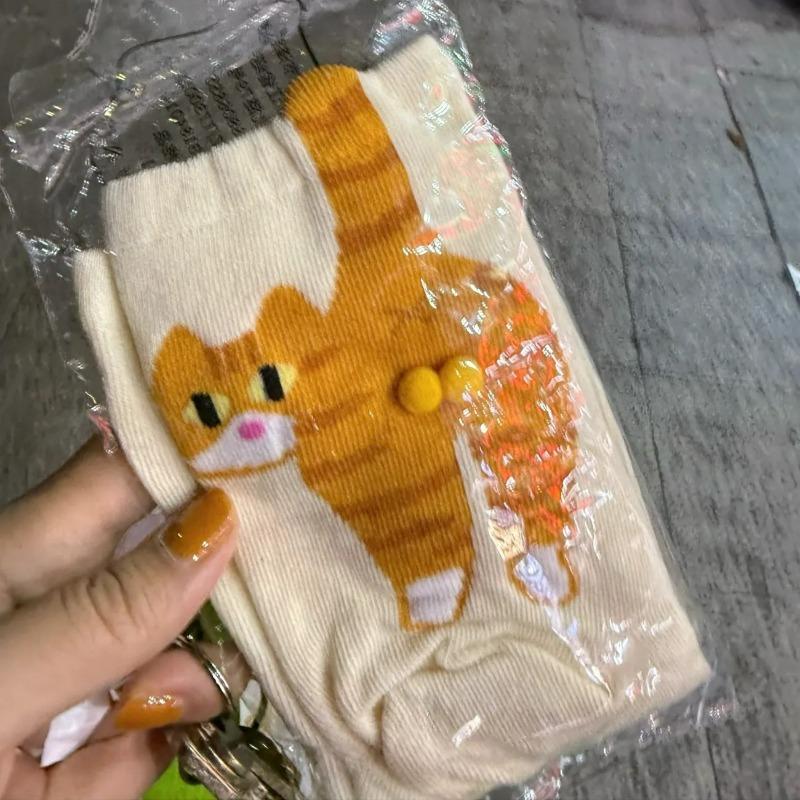 4pcs Funny Cat Egg Balls Cotton Socks Kawaii White Cotton Socks for Women Girls Middle Tube Sleep Sock Cat Print Floor Sockings