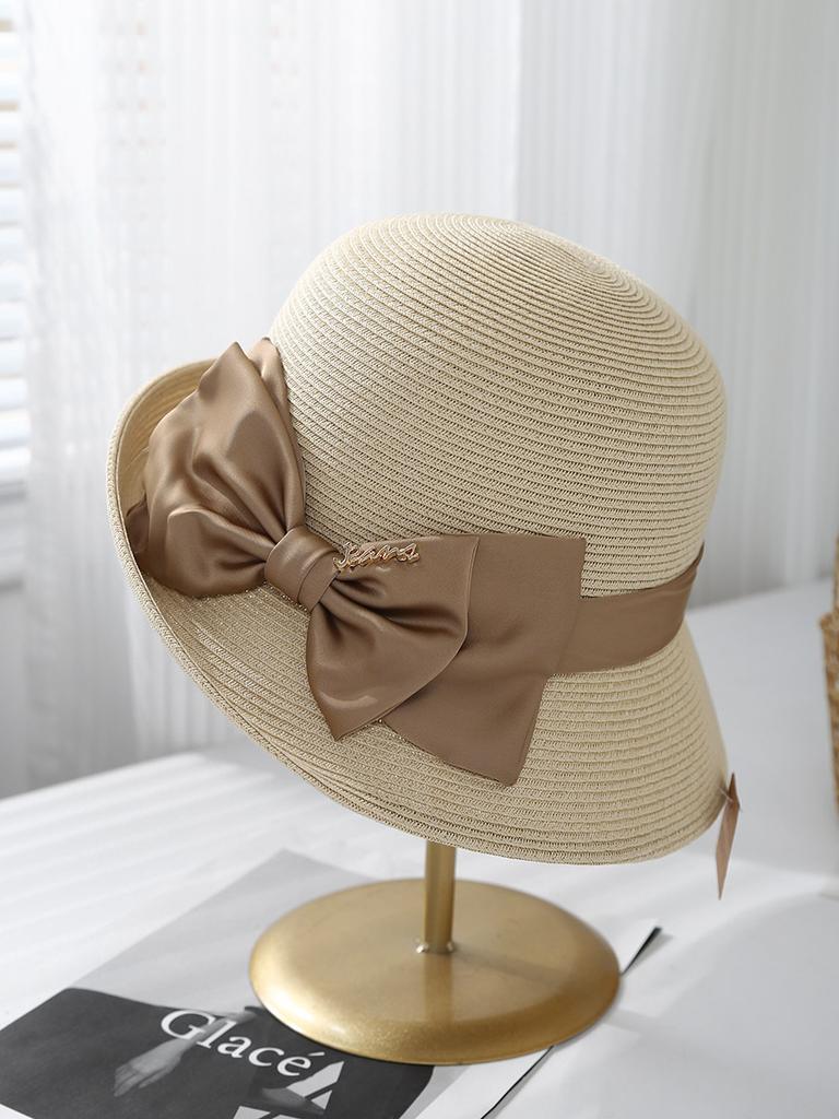 2025 Summer New Woven Basin Hat Fashion Crimped Sun Hat Satin Bow Summer Sun Hat