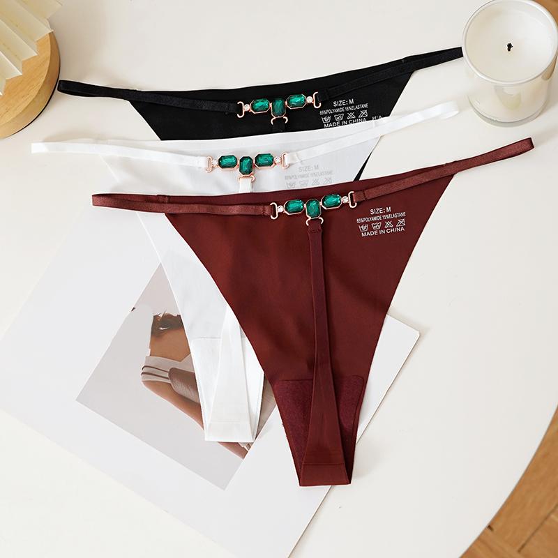 TERMEZY Sexy Damen Eisseide Tanga Kristallverziert Dünner Träger Nahtloser T-Rücken Einfarbige Hautfreundliche Körpernahe Unterwäsche