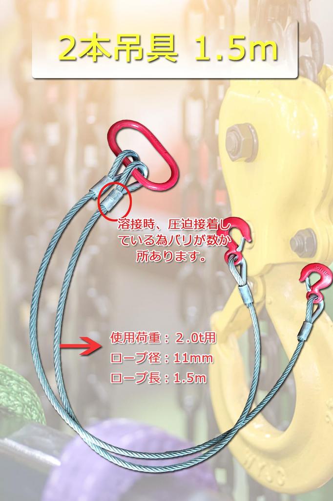 2-leg Wire Rope Sling, 1.5m, 2000kg (2t) Capacity, with Lifting Hook Ring. [2-leg, 2.0t]