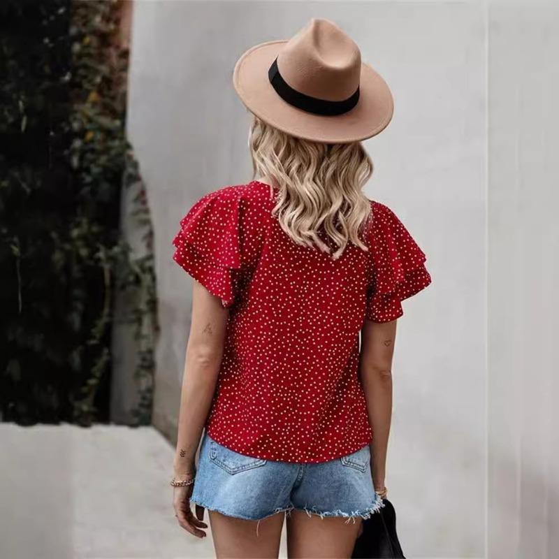 Womens Summer Red Polka Dot Print Blouse With Ruffle Short Sleeves Casual Round Neck Versatile T Shirt