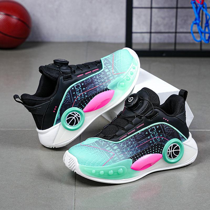 Children's basketball shoes 2025 summer new breathable boys' actual combat sneakers medium and older children's rotating buckle sneakers
