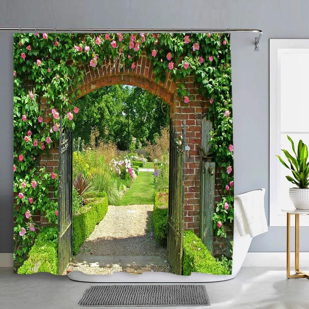 Old Door With Flowers In Verona Italy Shower Curtain Outdoor Street Garden Landscape Polyester Shower Curtains Bathroom Decor