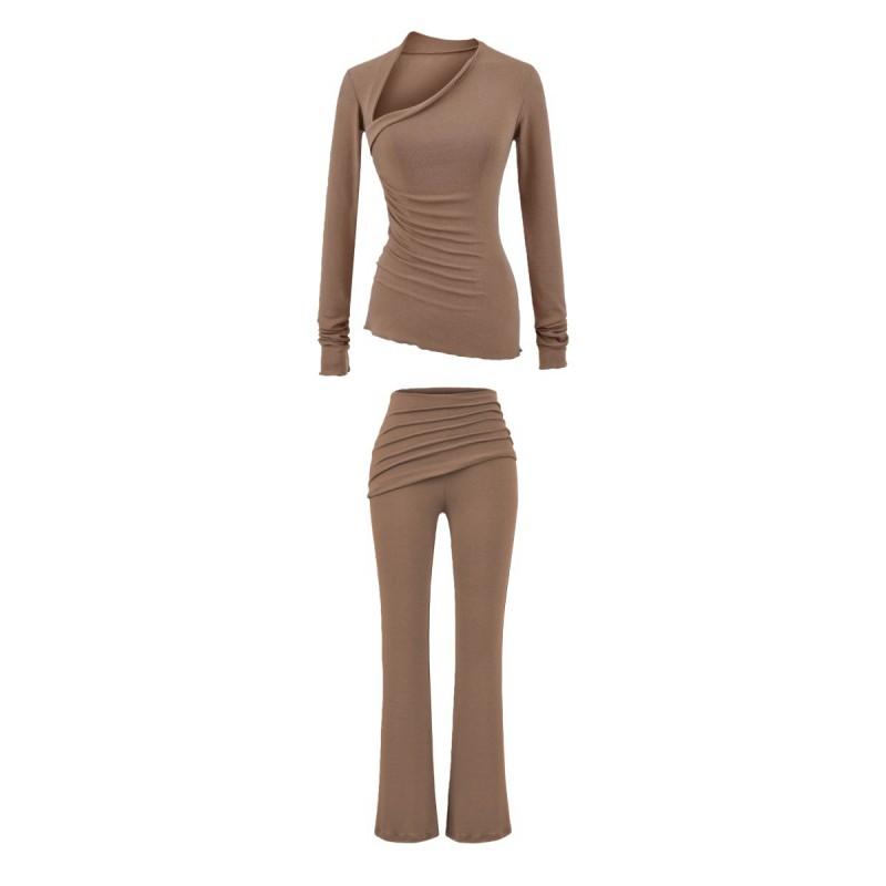Pure Desire Style Sexy Slim Fit 2-Piece Set Long Sleeve T-Shirt Flare Pants / Midi Skirt Women