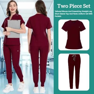 Costum Uniformă Scrub Mânecă Scurtă Topuri cu Gât în V+Pantaloni Jogger Set Uniformă Asistent Medical Femei Multicolor Scrub Medic Veterinar Îmbrăcăminte Medicală de Lucru