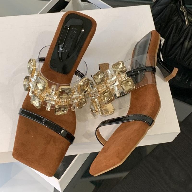 

Fashion Luxury Rhinestone Brand Designer Slippers Women Fashion Transparent PVC Narrow Band Slide Sandals Elegant Wedding Bridal Shoes 35 чёрный