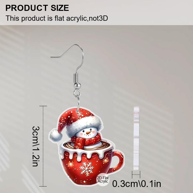 2D Flat 1Pair Christmas Festival Acrylic Cartoon Christmas Snowman Coffee Cup Pattern Earring Christmas Jewelry for Women Female