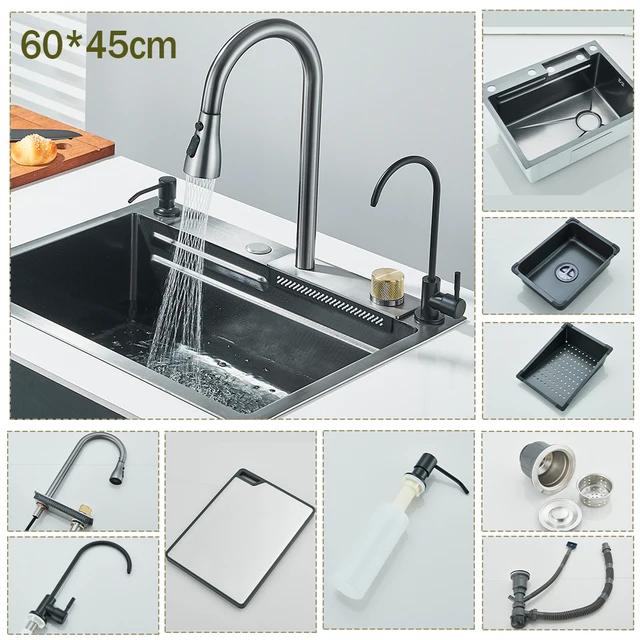 304 Stainless Steel Brushed Waterfall Kitchen Sink 4-Hole Large Single Slot Integrated Faucet Set Soap Dispenser/Pure Water/Cup