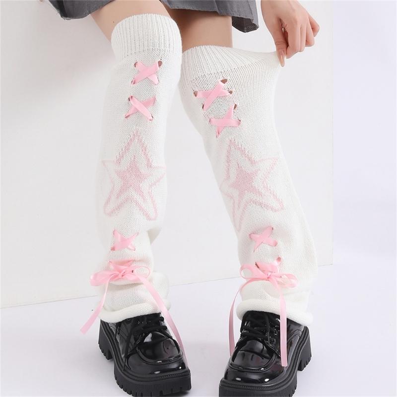 Women's Punk Star Pattern Knitted Leg Warmers with Ribbon Bows Flared Boot Covers Knee Length Socks Japanese Streetwear