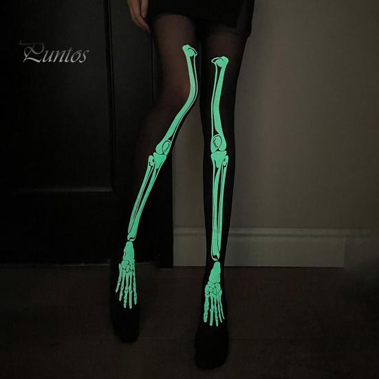 Halloween Skeleton Women Pantyhose Ghost Leg Print Contrast Color Glow at Night Luminous Thin Mesh Terrifying Anti-slip Cosplay Performance Skull