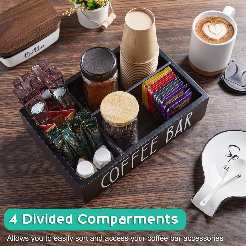 4 Compartments Wooden Coffee Bar Organizer Retro Style Condiment Storage Rack  Remote Control