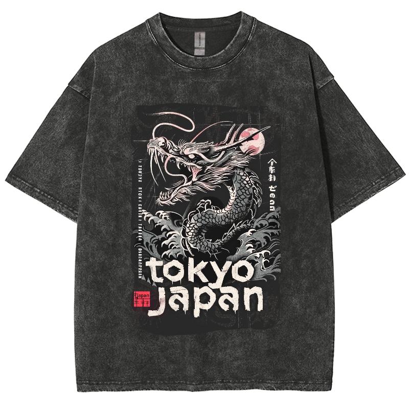 T-shirt för dam med tryck av tecknad drake i japansk stil, modedesign, tvättad, lös, kortärmad, unisex, bomull, komforttopp