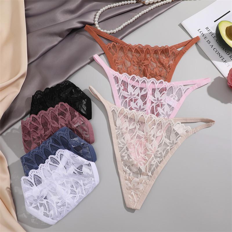 FINETOO Lace Thong For Women Sexy T-back Panty Solid Color Lingerie Floral Underwear