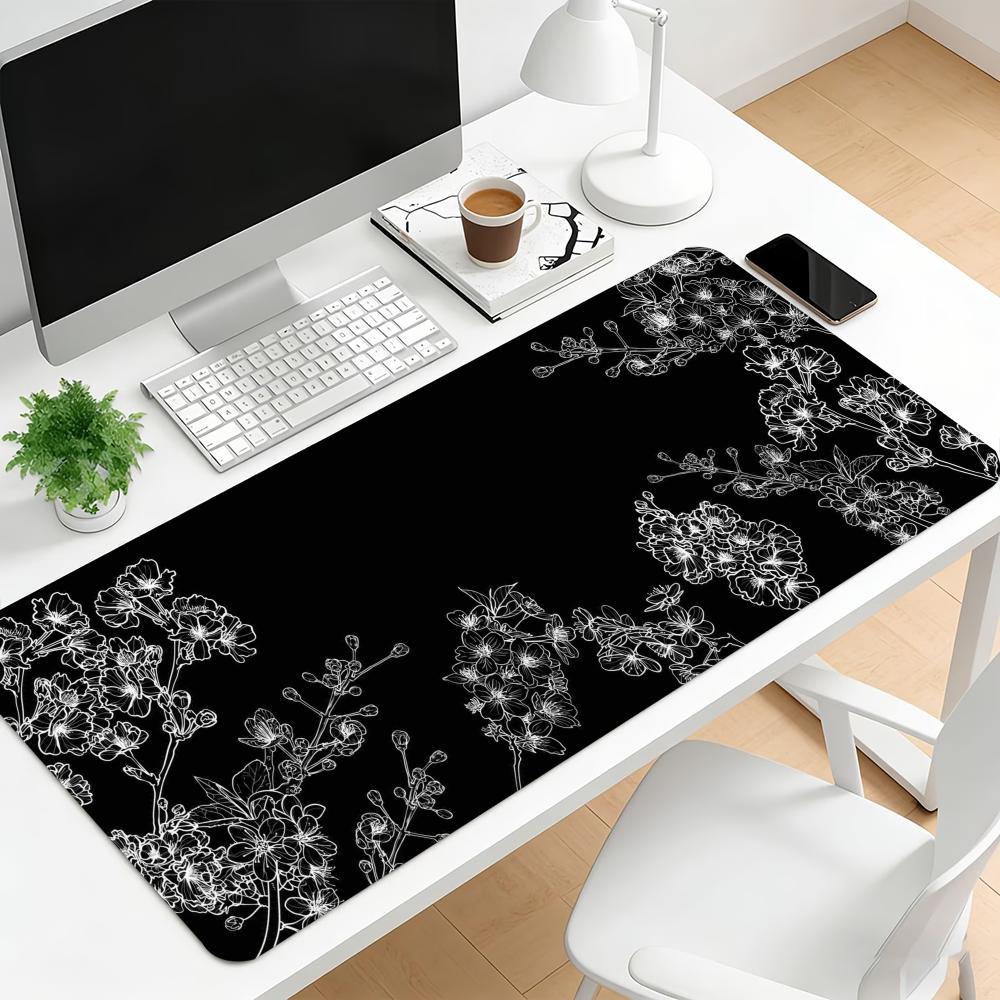 Dark Cherry Blossom Extended Desk Mat Non Slip Rubber Stitched Edge Large Mousepad For Laptop Pc Office Desktop Gaming Space