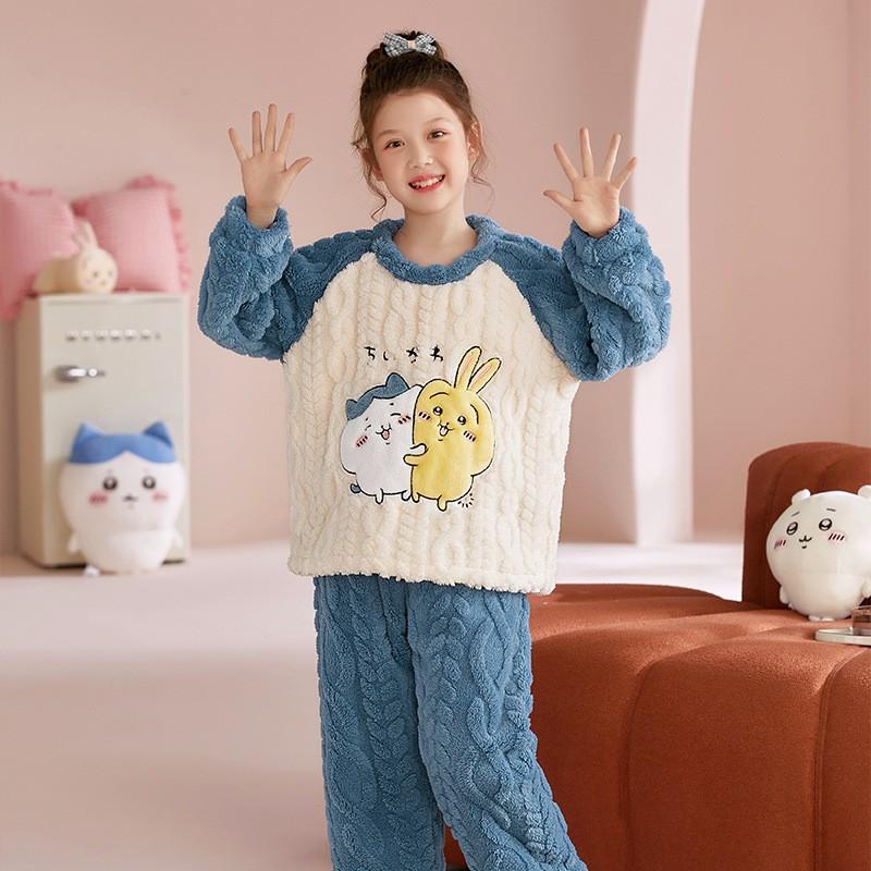 Girls Winter Coral Fleece Pajama Set Kids 8 Years Thick Warm Sleepwear With Cartoon Print