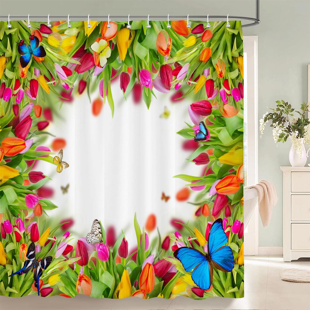 3d Tulip Fresh Flowers Shower Curtains Bathroom Waterproof Floral Bath Curtain Polyester Cloth With Hooks Decorative Bath Screen