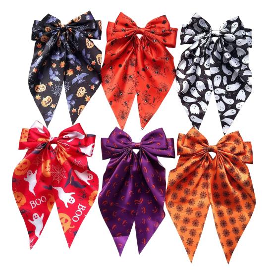 Halloween Decorative Clip Silky Satin Hair Bows for Women, Big Ribbon Bow Clips Girls, Hairstyle Accessory Oversized Long Tail Barrettes,