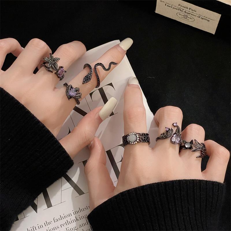 Dark Vintage Raven Purple Zircon Punk High Sense Open Ring Snake Ring Niche Design Index Finger Ring