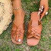 Foreign Trade Large Size Square Head Woven Solid Color Slippers Women's 2025 New Versatile Casual Flat Bottom Outer Wear Large Size Women's Slippers