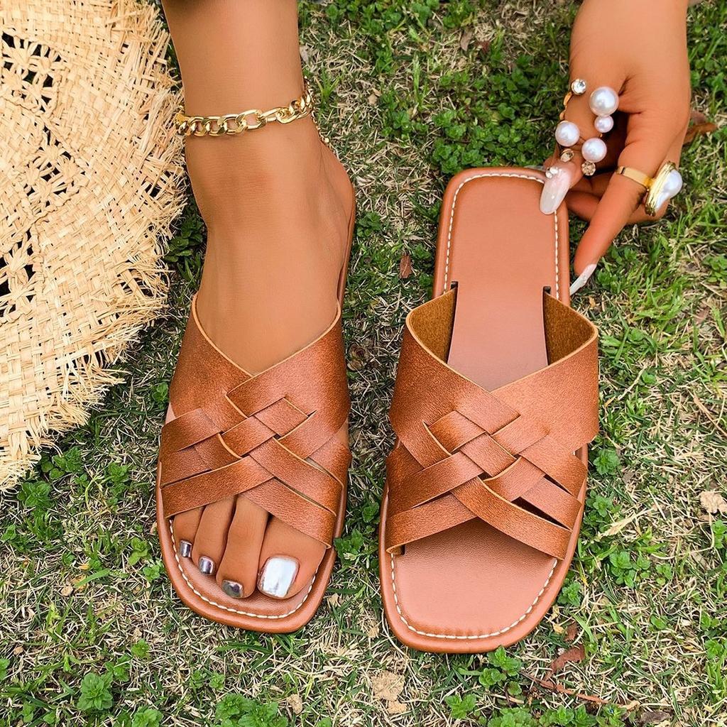 Foreign Trade Large Size Square Head Woven Solid Color Slippers Women's 2025 New Versatile Casual Flat Bottom Outer Wear Large Size Women's Slippers