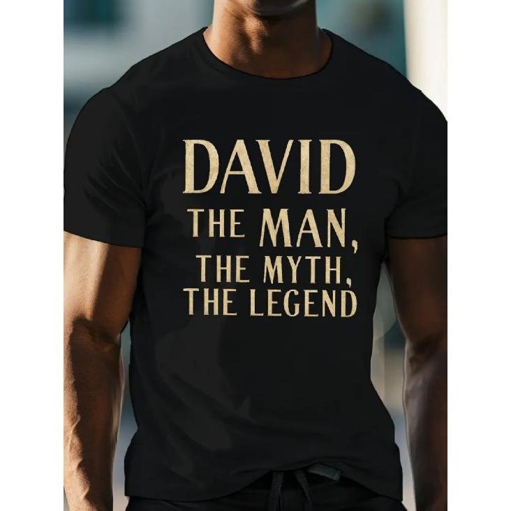 Men'S T-Shirt with Bold Golden "David: The Man, The Myth, The Legend" Print - Street Style, Round Neck, Short Sleeve, Regular Fit, All-Season Casual