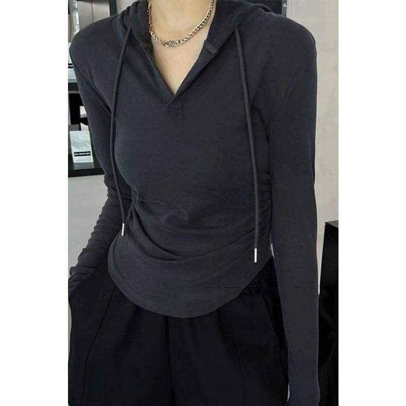 Women's Olive Green Hooded Slim Fit Long Sleeve Crop Top Drawstring Casual Pullover