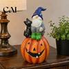 Halloween Gnome Decorations Outdoor Garden Statue, Resin On Pumpkin Figurine with Hand Painted Yard Decor Black Cat, Fall Autumn Dwarf Sculpture