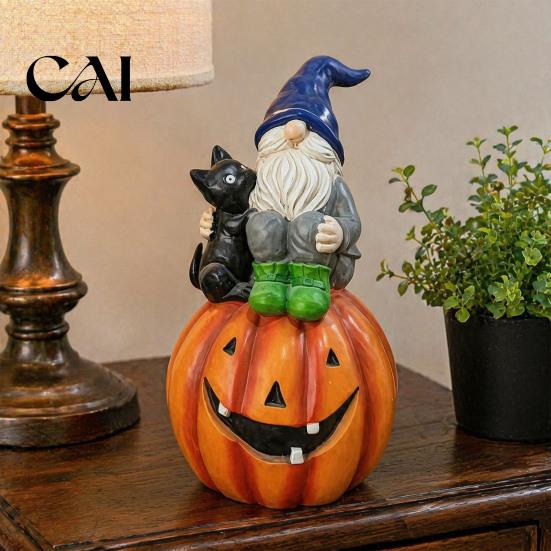 Halloween Gnome Decorations Outdoor Garden Statue, Resin On Pumpkin Figurine with Hand Painted Yard Decor Black Cat, Fall Autumn Dwarf Sculpture