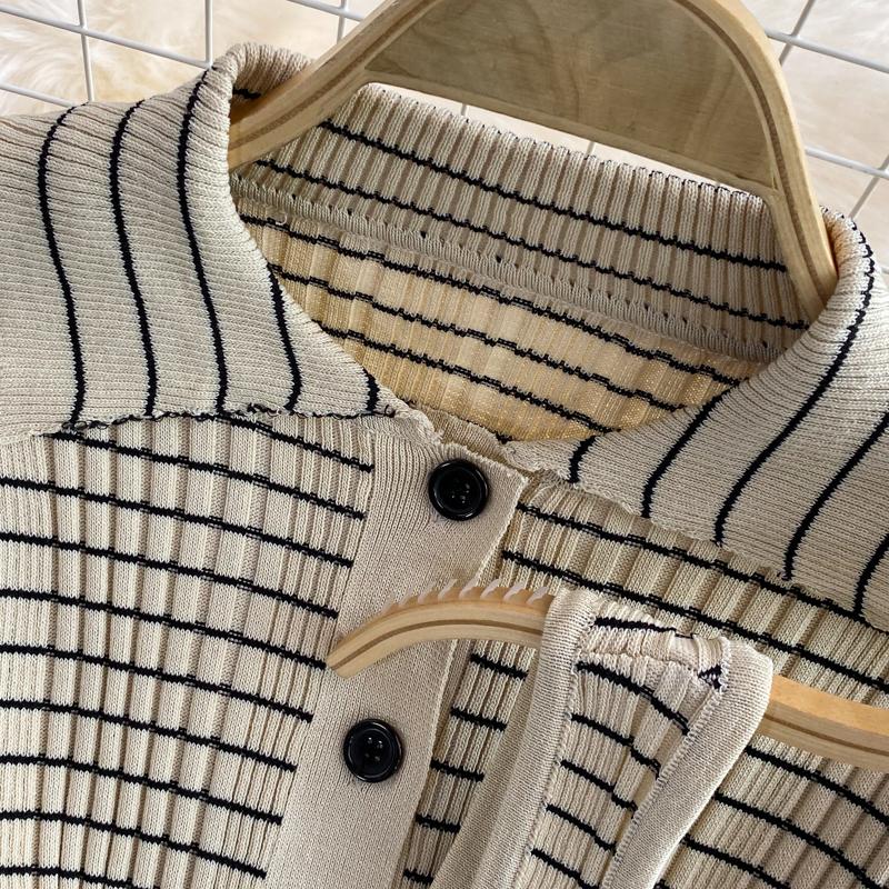 Fashion Suit Skirt Slim Knitted Lapel Top Sleeveless Vest Three-Piece High Waist Striped Hip Skirt Women