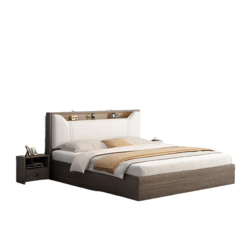 Modern Minimalist Solid Wood Panel Bed - Double (1.8m) or Single (1.2m) for Master Bedroom or Rental Room