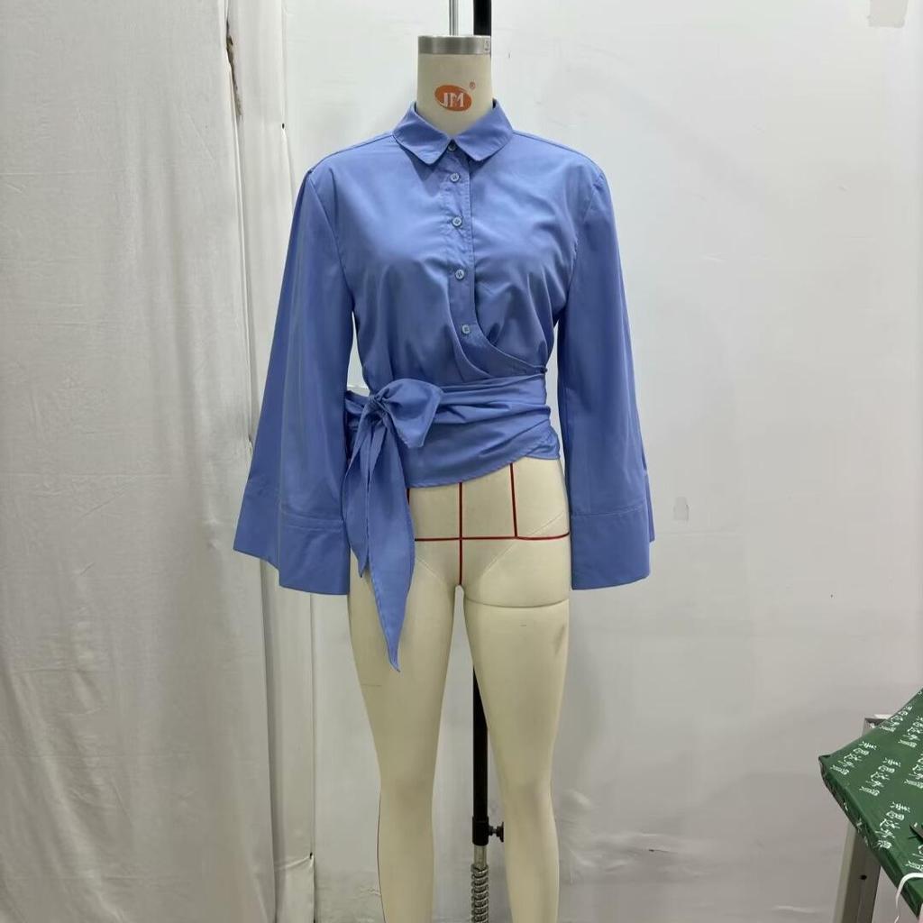 2025 Spring Women's Double-Breasted Poplin Slim Shirt with Bow Tie - European & American Style